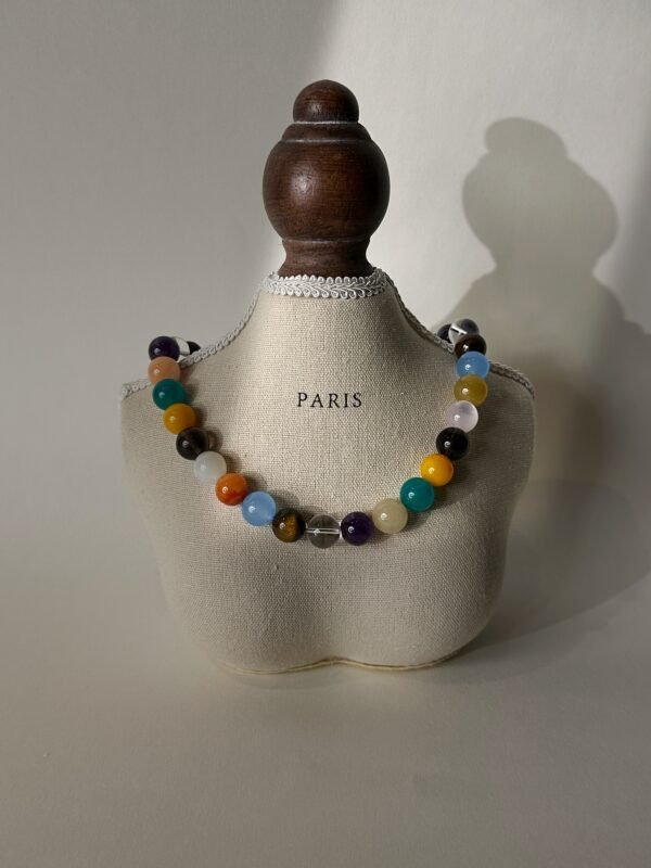 Chakra Aligner Necklace｜12mm Multi-Gemstone Necklace with 8 Natural Crystals for Luck & Wealth: Amethyst, Clear Quartz, Tiger’s Eye, Amazonite, Aquamarine, Golden Silk Jade, Smoky Quartz, Moonstone